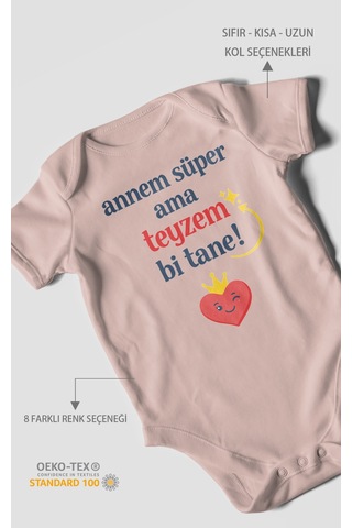 Morivokids Annem Süper Ama Teyzem Bi Tane Kısa Kollu Bebek Body %100 Pamuk Pastel Pembe