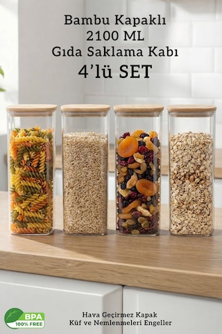Bambu Kapaklı Kare 4 Lü 2100 Ml Hava Geçirmez Büyük Hacimli Gıda Saklama Kabı Seti Şeffaf