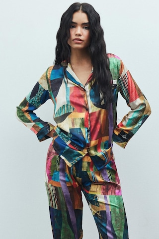 Amour Coloré Desenli Uzun Saten Pijama Takımı Desenli