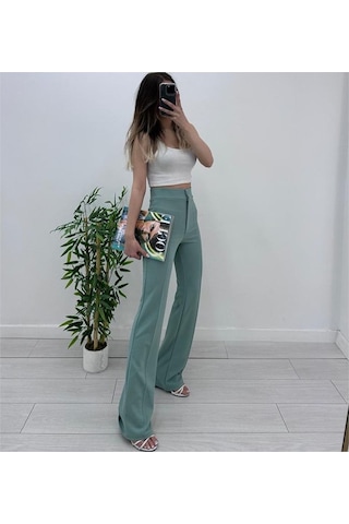 Nevege Butik Nevege Kadın Mint Yüksek Bel Toparlayıcı Ispanyol Paça Palazzo Pantolon Mint Yeşili
