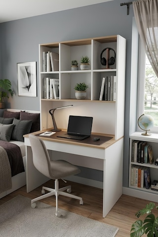 Yeni Nesil Genç Odası Çalışma Masası Mdf Ergonomik Tasarım Kitaplıklı Ve Kapaklı Model Beyaz