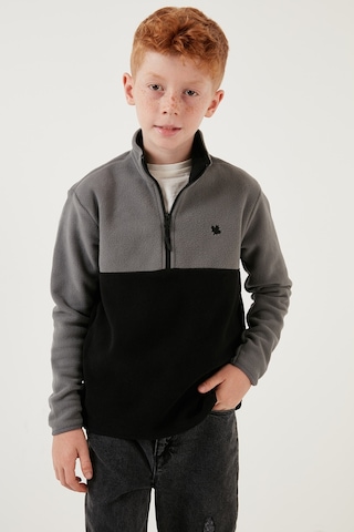 Lela Yumuşak Dokulu Yarım Fermuarlı Renk Bloklu Dik Yaka Unisex Çocuk Polar 5905004 Gri-Siyah
