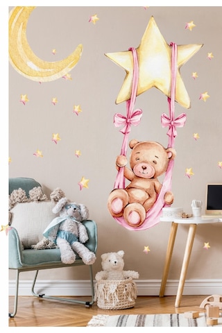 MSticker Yıldızda Sallanan Ayıcık Ay Ve Yıldızlar Çocuk Bebek Odası Sticker Seti