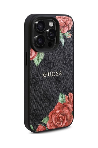 Apple Uyumlu iPhone 15 Pro Kılıf Guess Lisanslı Magsafe Şarj Özellikli Gül Baskılı 4g Desenli Yazı Logolu Siyah