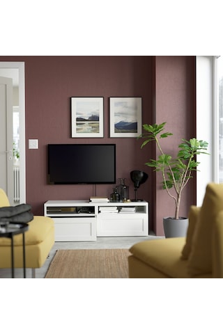 Tv Sehpası, Beyaz, 120x42x39 Cm, Hanvıken, Fren Raylı Beyaz