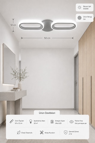 Hilton 2'li Led Plafonyer Avize Beyaz Işık Gri