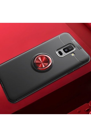 Samsung Galaxy Uyumlu A6 Plus 2018 Kılıf Yüzüğü Stant Ve Araç Tutucu Olabilen Şık Esnek Premium Silikon Kapak Ryc/ravel Siyah - Kırmızı