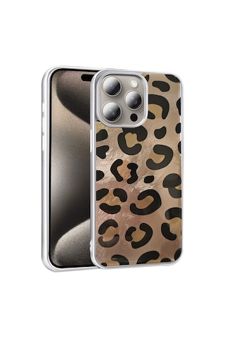 Apple Uyumlu iPhone 15 Pro Kılıf Desenli Zore Mep Kapak Gold Leopar