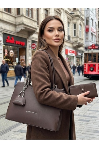 Just Polo Kadın Büyük Boy Premium Gümüş Logolu El Çantası Ve Cüzdanı Kombin Tote Bag Ebat : 22 X 34 Cm Kahverengi Kombin
