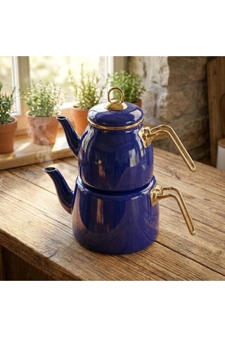 İçten Kaplamalı Emaye Çaydanlık Takımı - Gold Detaylı Nostaljik Alt Üst Çay Seti 1.2 Litre + 2 Litre - 3 Renk Seçeneği Mavi