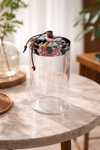 Makri Home 650 Ml Borosilikat Cam Hava Geçirmez Siyah Kumaş Kaplama Bambu Kapaklı Kavanoz, Çap: 8 Cm, H: 18 Cm Siyah