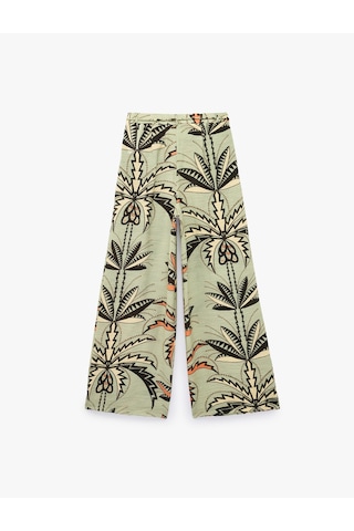 Koton Viskon Kumaş Pile Detaylı Cepli Kemerli Floral Desenli Geniş Paça Pantolon Yeşil Desenli 6sak40202ew