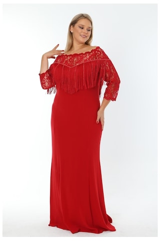 Ladies First Büyük Beden 3154 Kırmızı Uzun Abiye Elbise