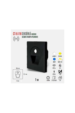 Ct-5170 1 Watt Siyah Kasa Sensörlü Koridör Armatürü Beyaz