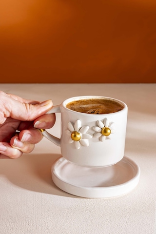 Rivaistanbul Gold Papatya Amore El Yapımı Seramik Double Kahve Fincanı Mug Kupa Krem