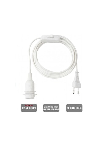4 Metre Arapuarlı Aç Kapat Anahtar Fişli Abajur Lambader Duyu Seyyar E14 2x0,50 Beyaz