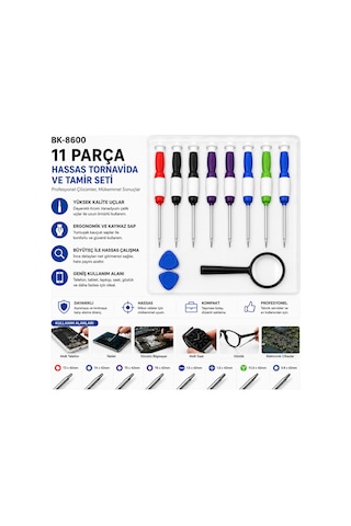 Bk-8600 11 Parça Hassas Profesyonel Tornavida Ve Tamir Seti Büyüteçli Telefon Bilgisayar Gözlük Onarım Kiti