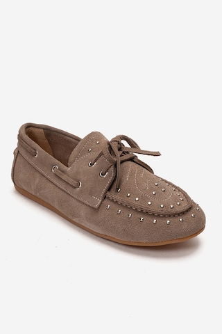 Luvishoes Cuesta Vizon Süet Hakiki Deri Troklu Bağcıklı Kadın Loafer Ayakkabı