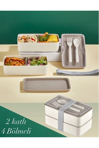 Lunch Box 2 Katlı Krem Çatal Kaşıklı Saklama Kabı 1003 Beslenme
