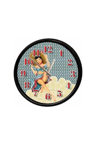 Retro Pin-up Kadın Tasarımlı Dekoratif Duvar Saati 28 Cm Sessiz Mekanizma Çok Renkli