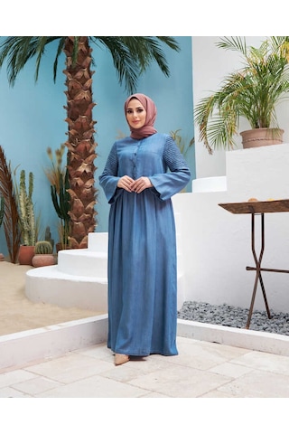 Neways 6591-Kolları Nervürlü Elbise Koyu Mavi