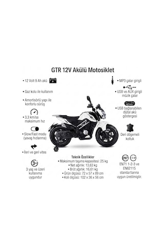 447 Motocross 12v Akülü Motor - Amortisörlü, Mp3 Çalarlı Dijital Akü Göstergeli Motor - Beyaz