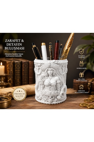 Özel Tasarım Korsan Temalı Dekoratif Kalemlik 8x10 Masaüstü Organizer Premium Kalem Tutucu Beyaz