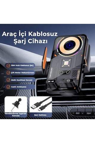 Sd38 15w Otomatik Sensörlü Hızlı Kablosuz Şarjlı Araç Telefon Tutucu - Tek Tuşla 90 Dönen, Çift Motorlu & Rgb Işıklı Havalandırma Tutacağı