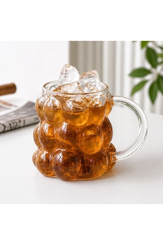 2 Adet Kulplu Kabartmalı Boncuk Üzüm Bardak Borosilikat 350 Ml Renksiz / Şeffaf
