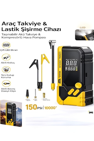 10000mah Akü Takviyeli Hava Pompası Kompresör Powerbank 150 Psı Led Fener Akıllı Basınç Siyah - Abs+
