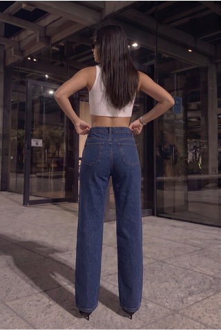 Kadın Koyu Mavi Likralı Yüksek Bel Önü Full Taşlı Wide Leg Geniş Paça Jean Kot Pantolon