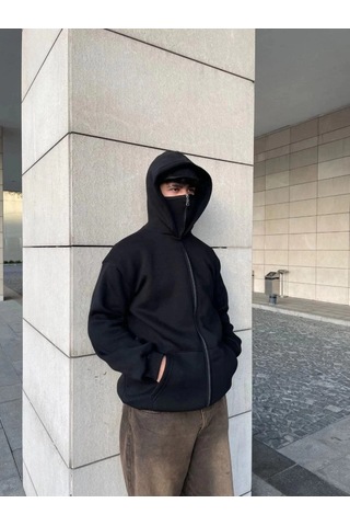 Efnaz Style Samuray Ninja Çift Kapşonlu Zıp Fermuarlı Kanguru Çepli Tam Fermuarlı Hoodie Swetshirt - Siyah