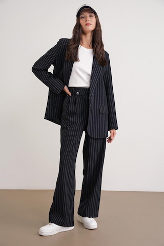4753 Kadın Çizgili Oversize Blazer Ceket Lacivert Lacivert