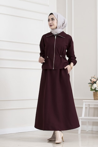 Sevitli Beli Tünelli Fermuarlı Etekli Takım-bordo-5627 Bordo