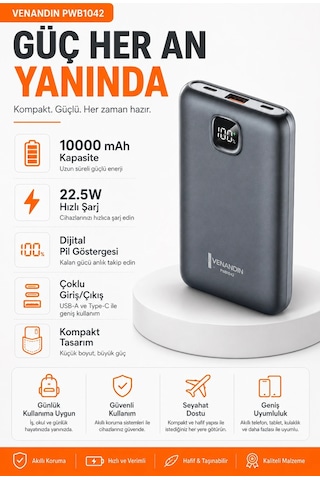Çok Girişli 10000 Mah Powerbank 22.5w Hızlı Şarj Destekli Mobil Batarya Çok Renkli