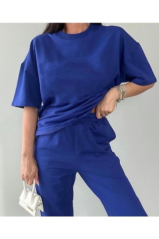 Basic T-shirt Eşofman Altı Jogger - Saks Mavi Düz Alt Üst Eşofman Takımı Oversize Bisiklet Yaka Saks Mavi