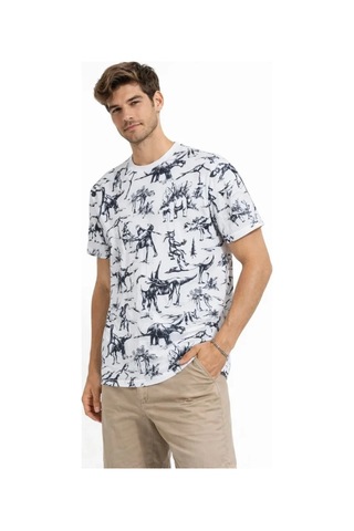 Veraura Lifestyle Erkek Beyaz Dinozor Desenli Tişört Regular Fit, Bisiklet Yaka, Dijital Baskılı Pamuklu T-shirt - Beyaz