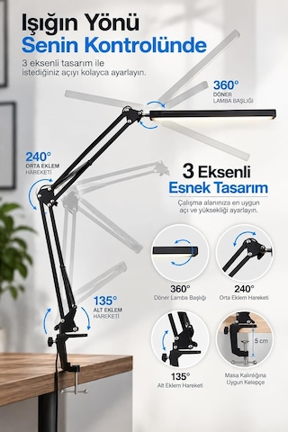 Tr 80 Led Uzun Kollu Kelepçeli Masa Lambası - 3 Renk 10 Kademe Parlaklık, 360 Ayarlanabilir Başlık, Usb Mimar Ça