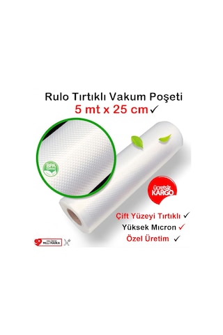 Tırtıklı Rulo Vakum Torbası-Poşeti 25Cm X 5Mt-Çift Yüzey Tırtıklı
