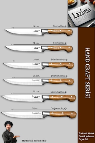 Lazbisa Mtf-048 Hand Craft Mutfak Bıçak Seti Et Ekmek Sebze Meyve Doğrama Bıçağı 6 Lı Günlük Kullanım Kırmızı