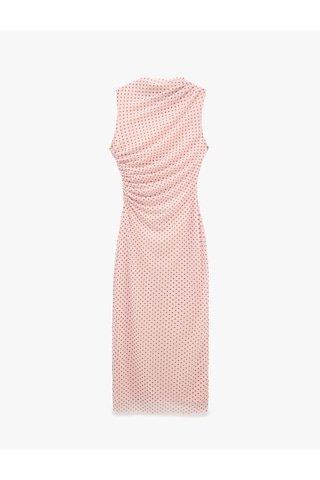 Koton Drapeli Slim Fit Kolsuz Bisiklet Yaka Puantiyeli Uzun Elbise Pembe Desenli 6sal80251ık