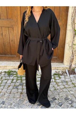 Laluvia Siyah Tek Düğmeli Kuşaklı Kimono Takım - 007