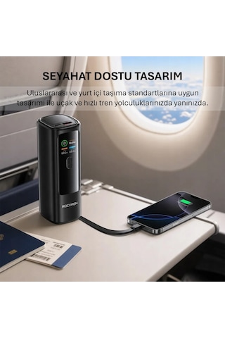 Rocoren 20000mah 100w Powerbank Dijital Ekranlı Hızlı Şarj Dahili Type-c Kablo + Usb-c + Usb-a Macbook, Tablet Ve Telefonlarla Uyumlu Taşınabilir Şarj Cihazı Siyah