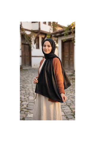 Nukra Jakarlı Pamuk Tesettür Şal Otantik Desen Siyah 70 X 190 Cm