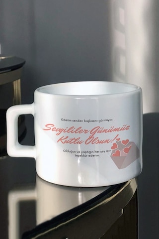 Sevgililer Günümüz Kutlu Olsun Baskılı Espresso Çay Fincanı Beyaz