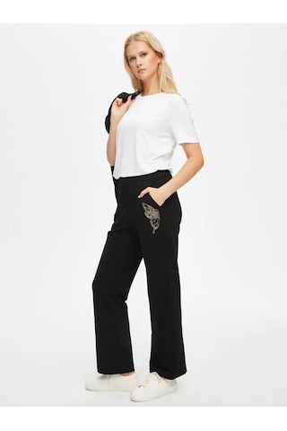 Faik Sönmez Boncuk Kelebek Nakışlı Kadın Eşofman Altı 69252 Siyah