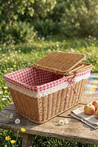 Atbyhome Hasır Piknik Sepeti Dikdörtgen Kapaklı Ve Bezli Rattan Sepet Organizer 39x27x18 Kahverengi
