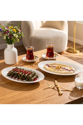 Porsima 4440 Gardenya Porselen Altın Fileli Kayık Tabak Seti - Oval Kahvaltılık Sunumluk Seti 30cm Beyaz