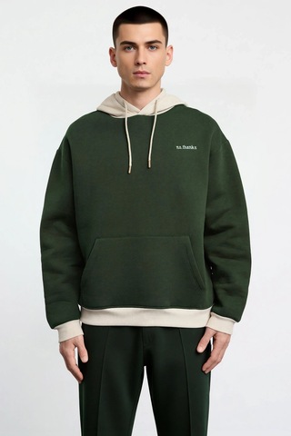 Benerly Erkek Kapüşonlu Düşük Kol Uzun Kol Nakışlı Sweatshirt Fonksiyonel Haki