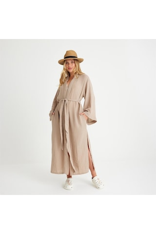 Pamuklu Dokuma Beli Kuşaklı Maxi Kadın Kimono Kaftan - Small Medium Bej